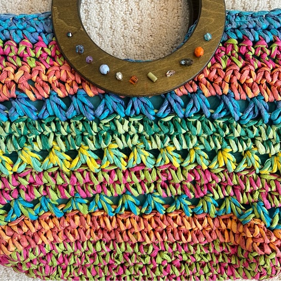 CAPPELLI STRAWORLD Turquoise Crochet Toyo Straw Wooden Grip Satchel Tote Handbag - Picture 5 of 11